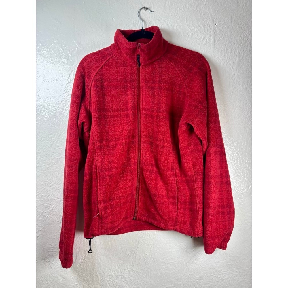 Columbia Fleece Jacket Red Plaid M Full Zip Mock Neck Outdoor Layering Cabincore